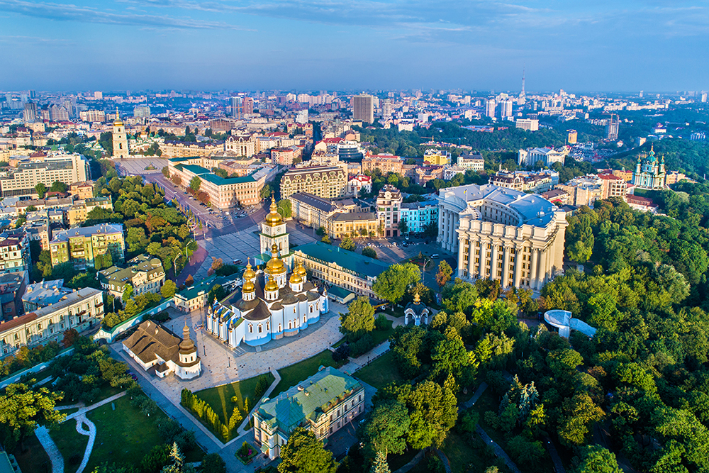 Aerial view of St. Michaels Golden-Domed Monastery, Ministry of Foreign Affairs and Saint Sophias Cathedral in Kiev, Ukraine